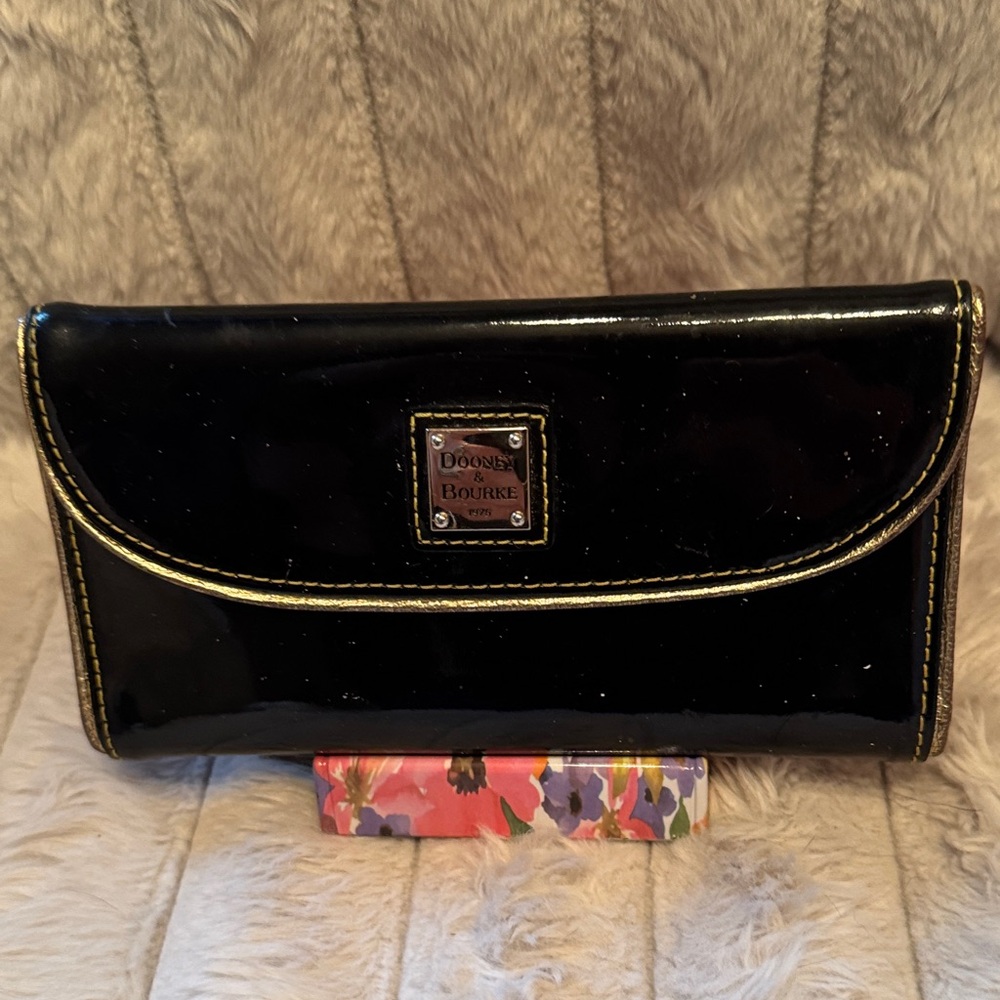 Dooney & Bourke Black Patent Wallet with Gold Trim